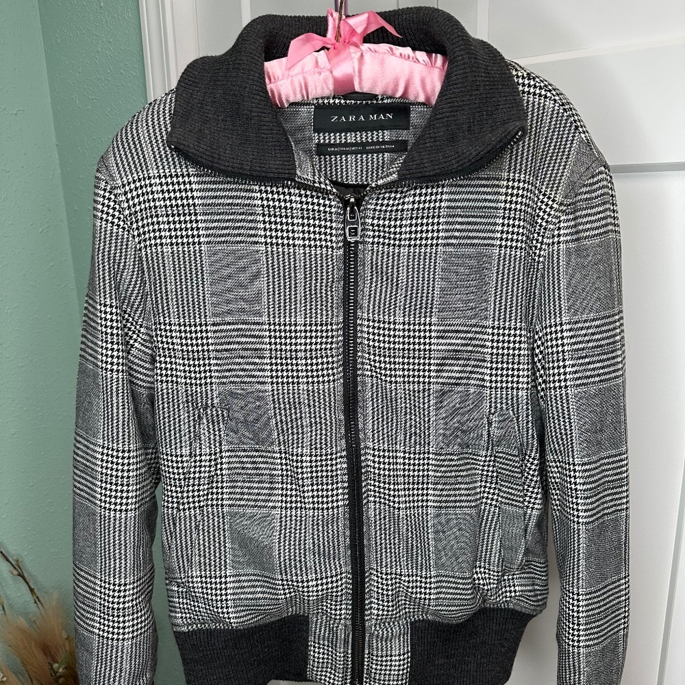 Zara Man black/white Medium plaid bomber jacket with high collar luxury